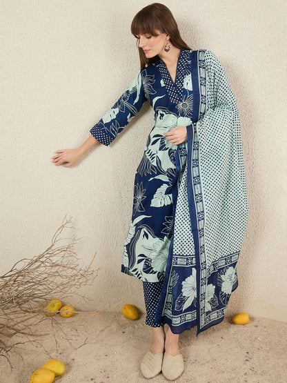 Dhiyona IE Women Floral Printed Cotton Kurta with Trousers & Dupatta