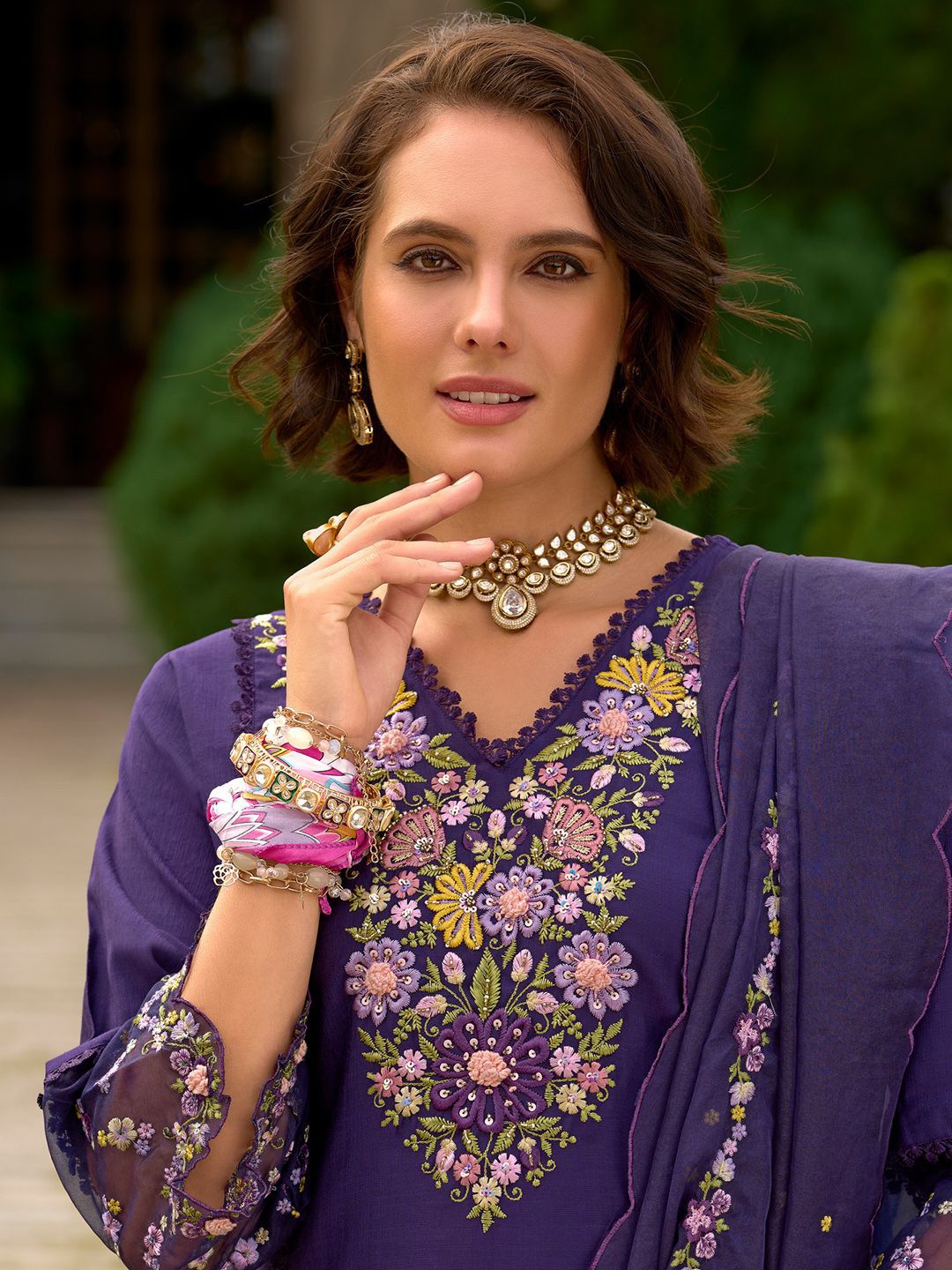 Dhiyona IE Women Floral Embroidered Panelled Sequinned Kurta with Trousers & With Dupatta