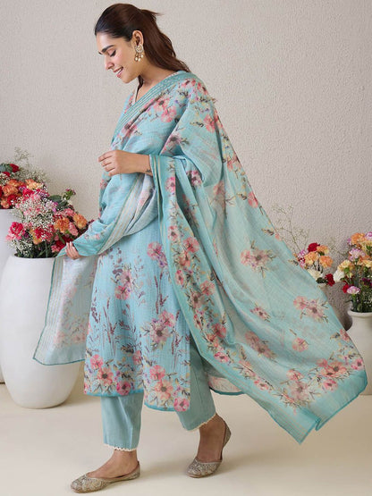 Dhiyona IE Women Floral Embroidered Linen Kurta with Trousers & Dupatta