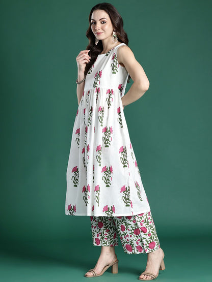 Women Floral Printed Pleated Pure Cotton Kurta with Palazzos & With Dupatta