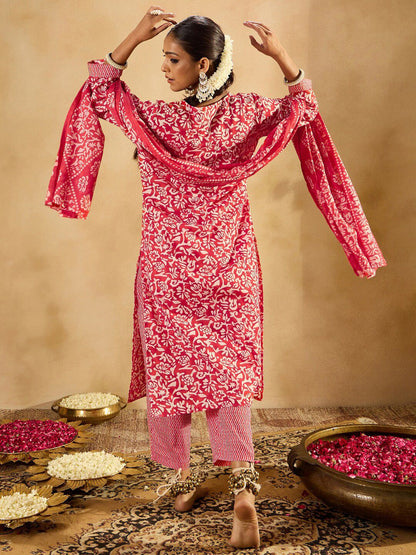 Dhiyona IE Red Floral Printed V-Neck Thread Work Straight Kurta With Trousers & Dupatta