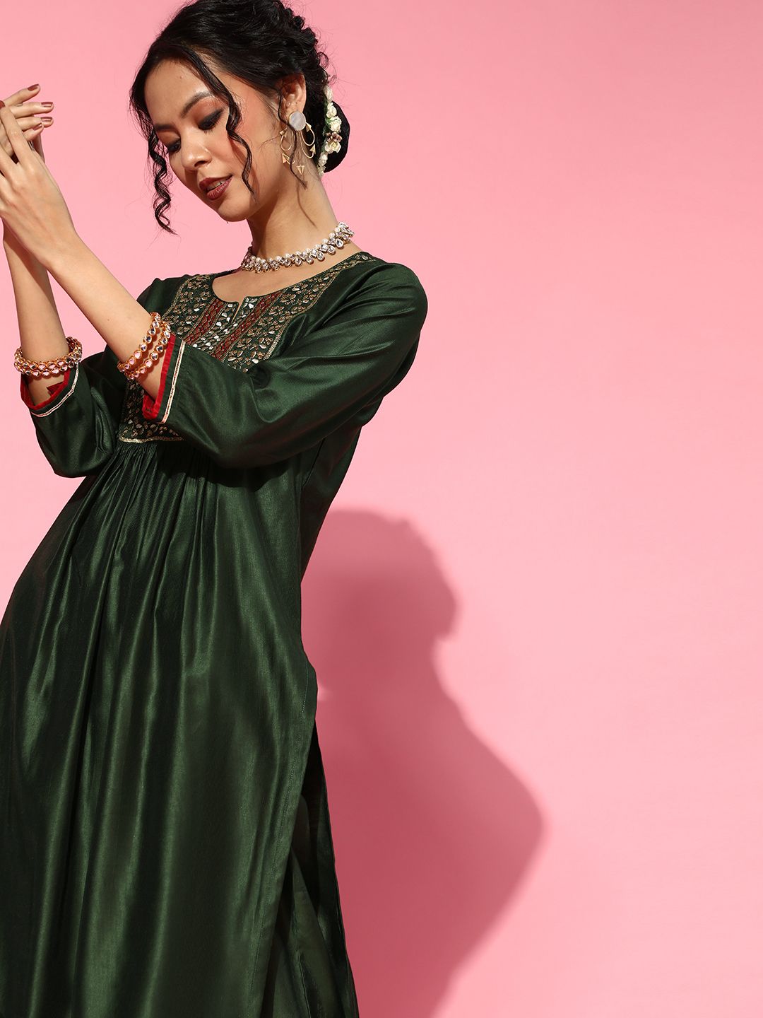 Green Silk Blend Calf Length Kurta Set