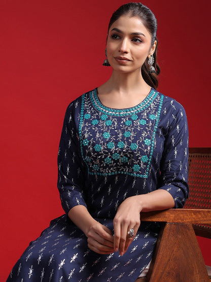 Dhiyona IE Ethnic Motifs Round Neck Regular Mirror Work Straight Kurta Kurta