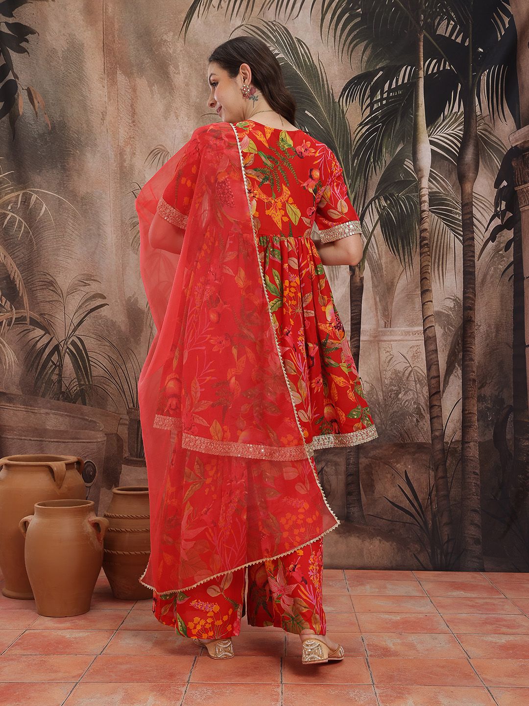 Dhiyona SN Women's Floral Printed Pleated Kurta with Sharara & With Dupatta