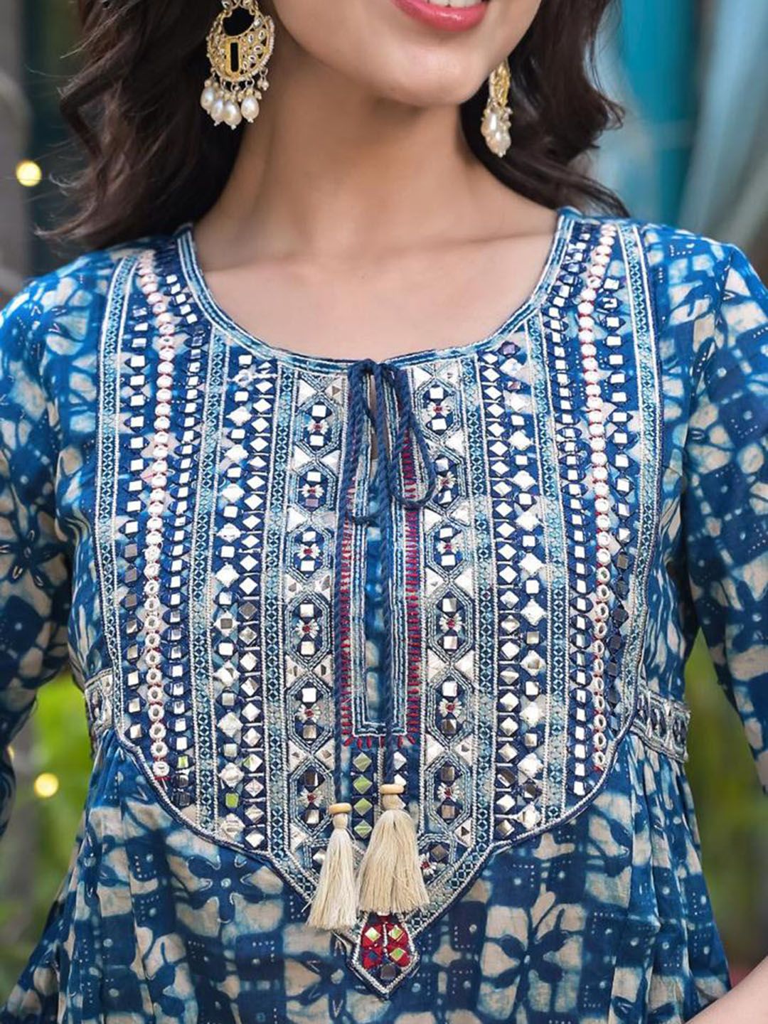 Dhiyona VA Women'sMirror Work Yoke Embroidered A-Line Kurta With Tonal Afghan Trouser & Dupatta