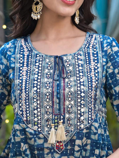 Dhiyona VA Women'sMirror Work Yoke Embroidered A-Line Kurta With Tonal Afghan Trouser & Dupatta