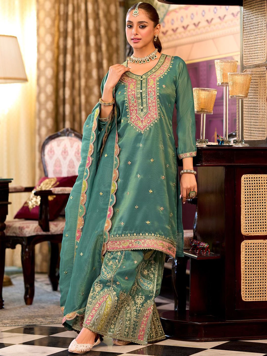 Floral Embroidered Sequinned Straight Kurta With Palazzos & Dupatta