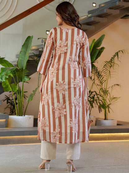 Dhiyona IE Floral Printed A-Line Pure Cotton Kurta With Trousers