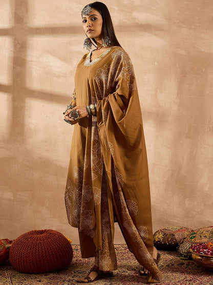 Dhiyona IE Women Floral Embroidered Regular Sequinned Pure Cotton Kurta with Trousers & With Dupatta