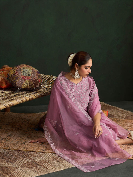 Dhiyona IE Women Floral Yoke Design Regular Thread Work Kurta with Trousers & With Dupatta