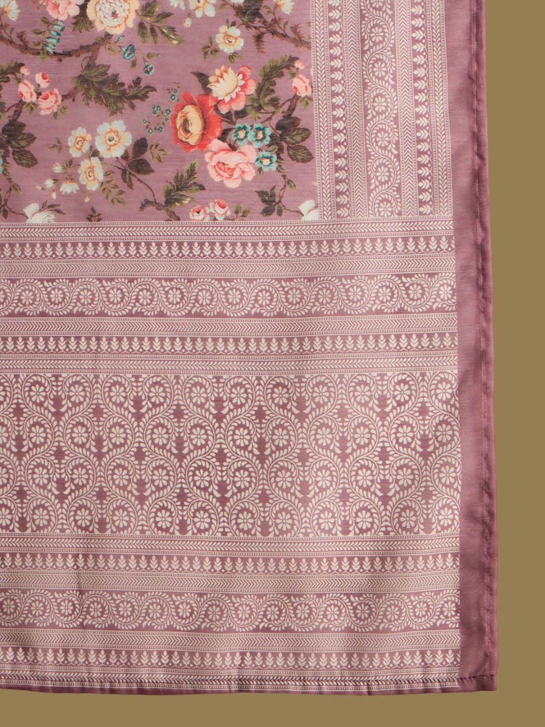 Floral Printed Thread Work Chanderi Silk Straight Kurta with Trouser & Dupatta