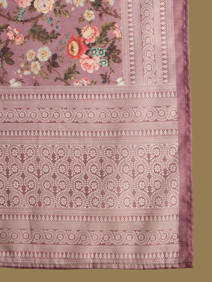Floral Printed Thread Work Chanderi Silk Straight Kurta with Trouser & Dupatta