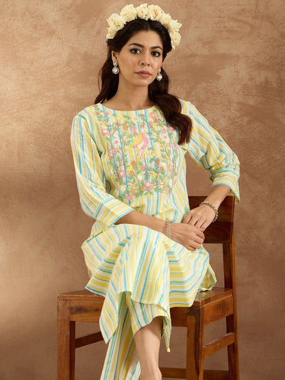 Dhiyona IE Floral Embroidered Pure Cotton Straight Kurta with Trouser