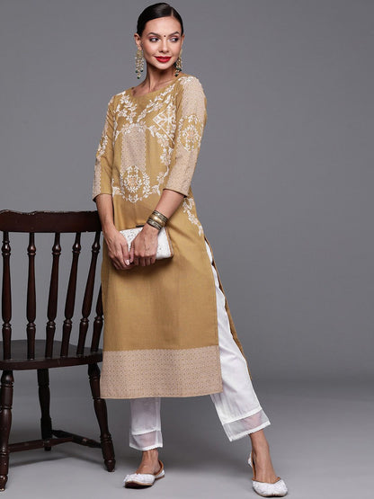 Dhiyona IE Ethnic Motifs Printed Boat Neck Cotton Kurta