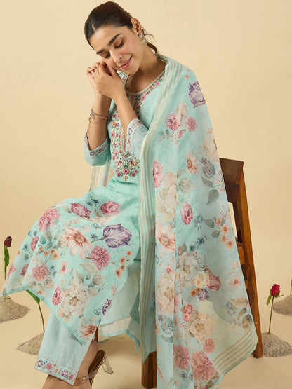 Floral Embroidered Linen Thread Work Straight Kurta & Trousers & Dupatta
