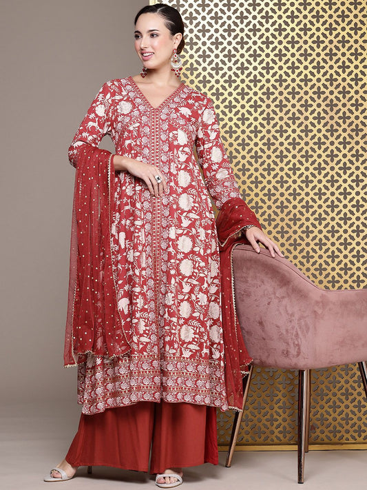 Dhiyona PD Women Jashn Ethnic Motifs Foil Printed A-Line Kurta With Palazzos & Dupatta