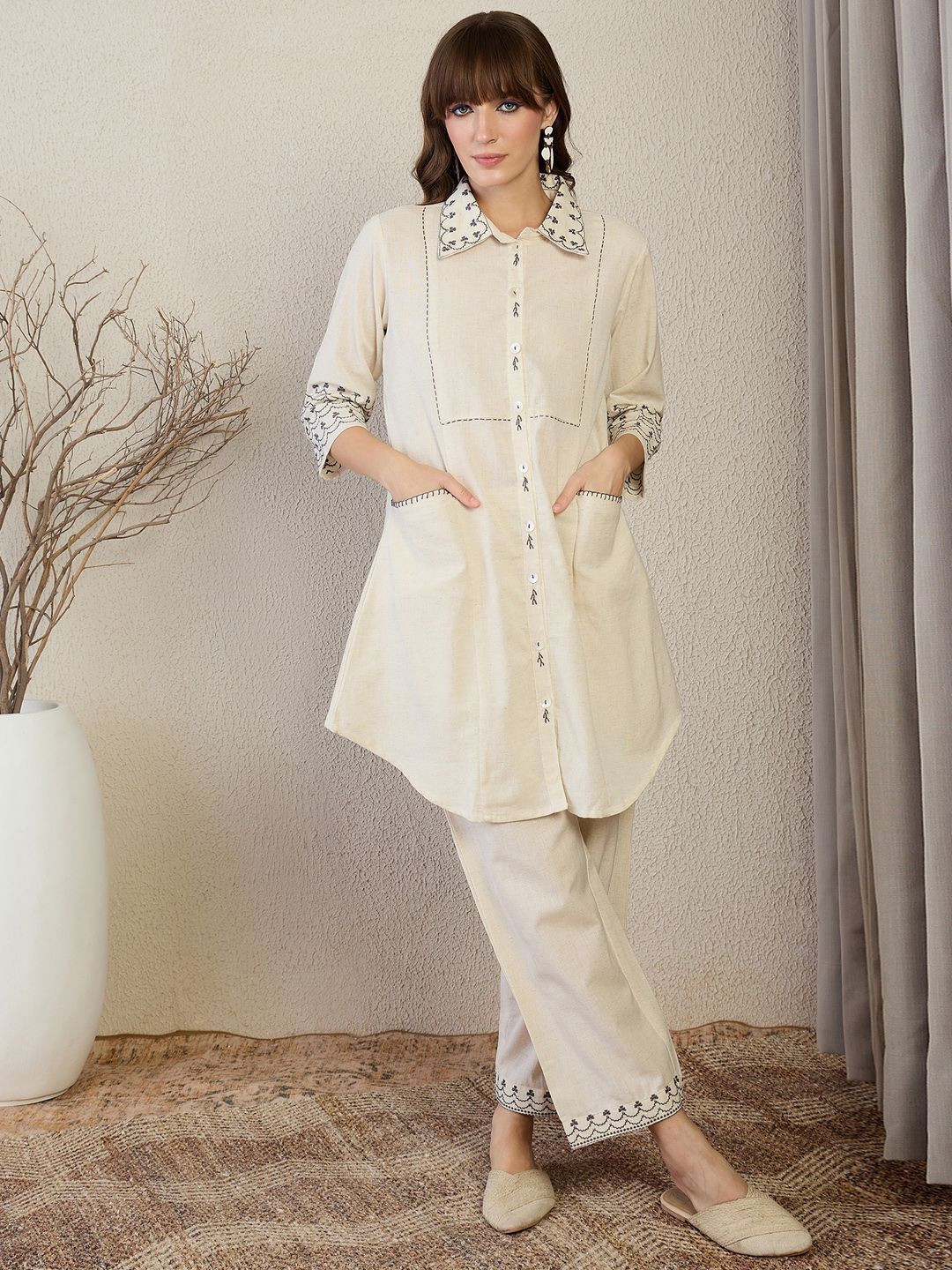 Women Woven Design Embroidered Kurta with Trousers