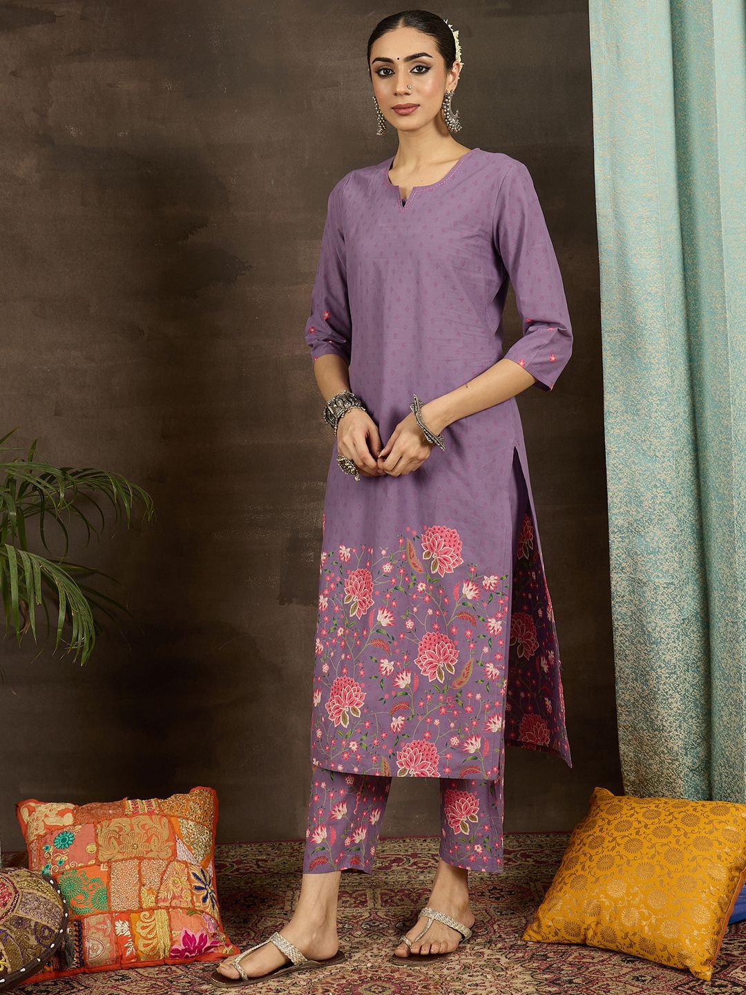 Floral Printed Notch Neck Pure Cotton Straight Kurta With Trousers