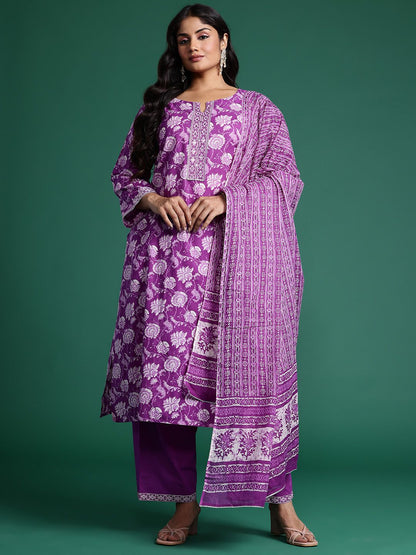Dhiyona IE Plus Size Floral Printed Mirror Work Pure Cotton Kurta Set