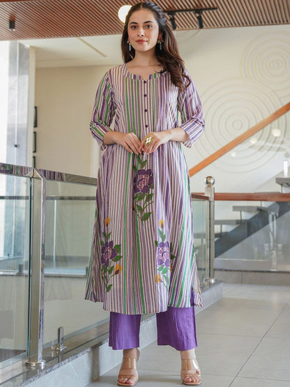 Floral Printed Notch Neck A Line Pure Cotton Kurta With Trousers