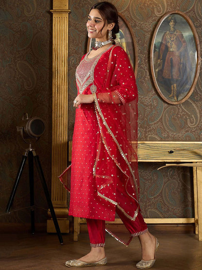 Dhiyona IE Floral Embroidered Sequinnce Work Kurta With Trousers & Dupatta