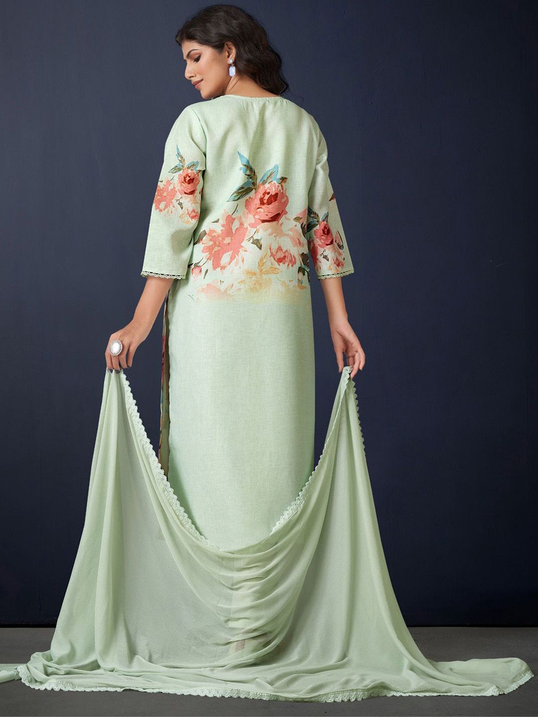 Dhiyona IE Floral Printed Regular Linen Straight Kurta With Trousers & Dupatta