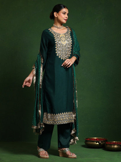 Dhiyona VA Women'sFloral Embroidered Cotton Silk Zari Work Straight Kurta With Trousers & Dupatta