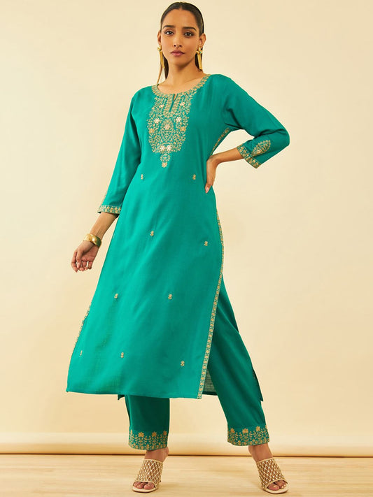 Dhiyona SO Women's Ethnic Motifs Embroidered Regular Mirror Work Kurta with Trouser