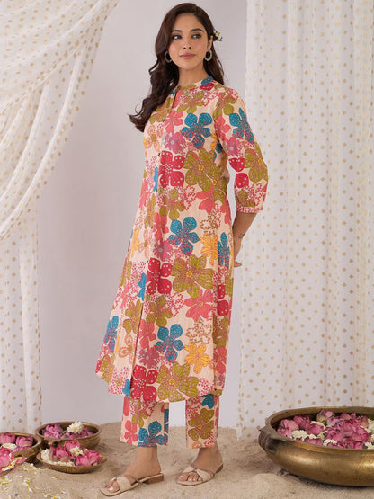 Dhiyona IE Floral Printed Mandarin Collar Pure Cotton A-Line Kurta With Trouser