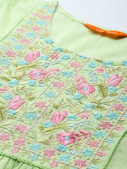 Dhiyona IE Floral Embroidered Panelled Thread Work Pure Cotton Kurta with Trousers & Dupatta