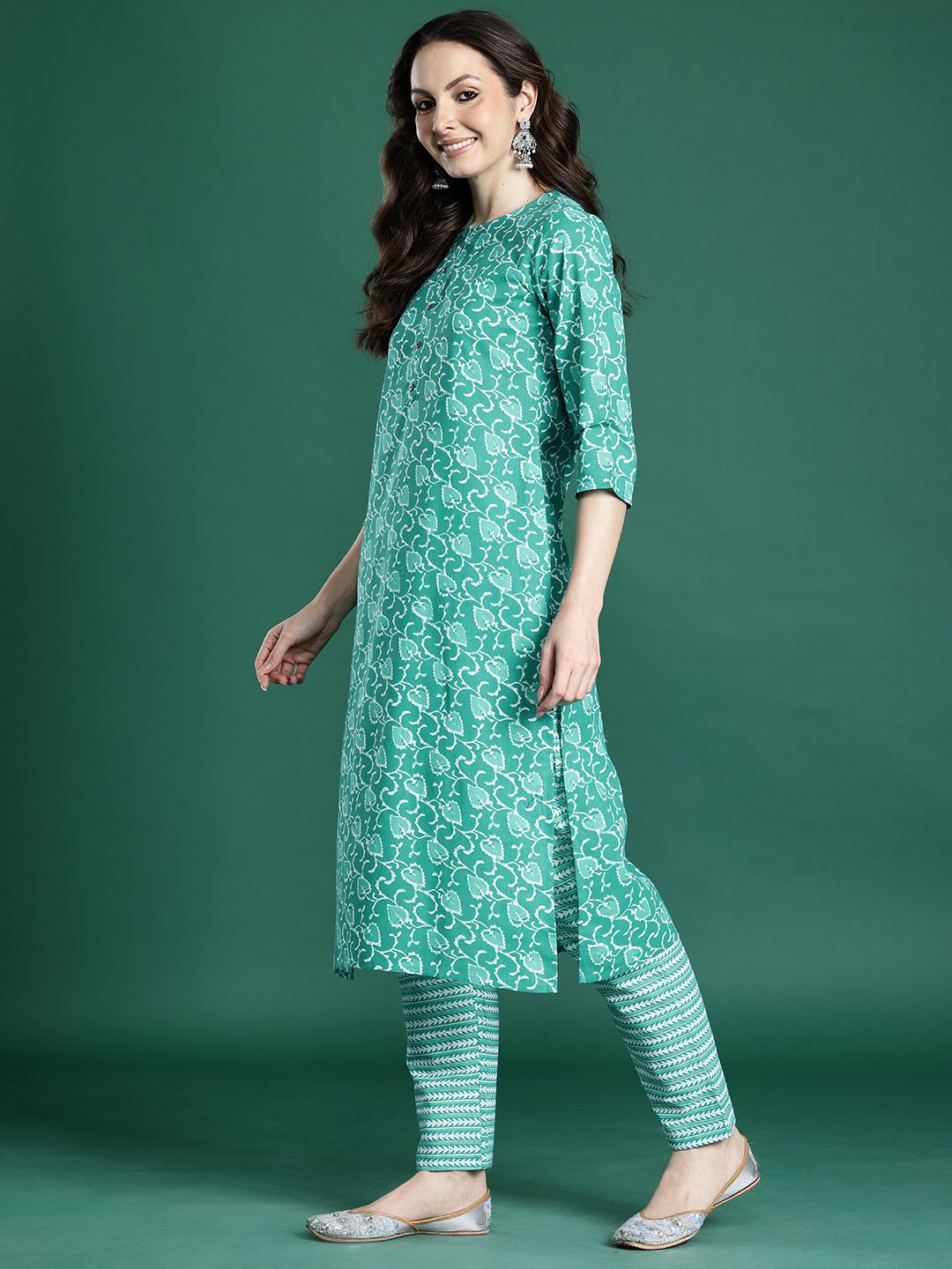 Floral Printed Pure Cotton Kurta with Trousers & Dupatta
