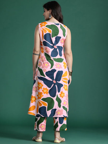 Floral Printed Panelled Pure Cotton Kurta with Trousers