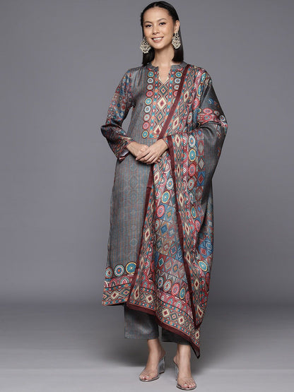 Dhiyona VA Women's Winter Abstract Printed Wool Blend Straight Kurta Set with Dupatta