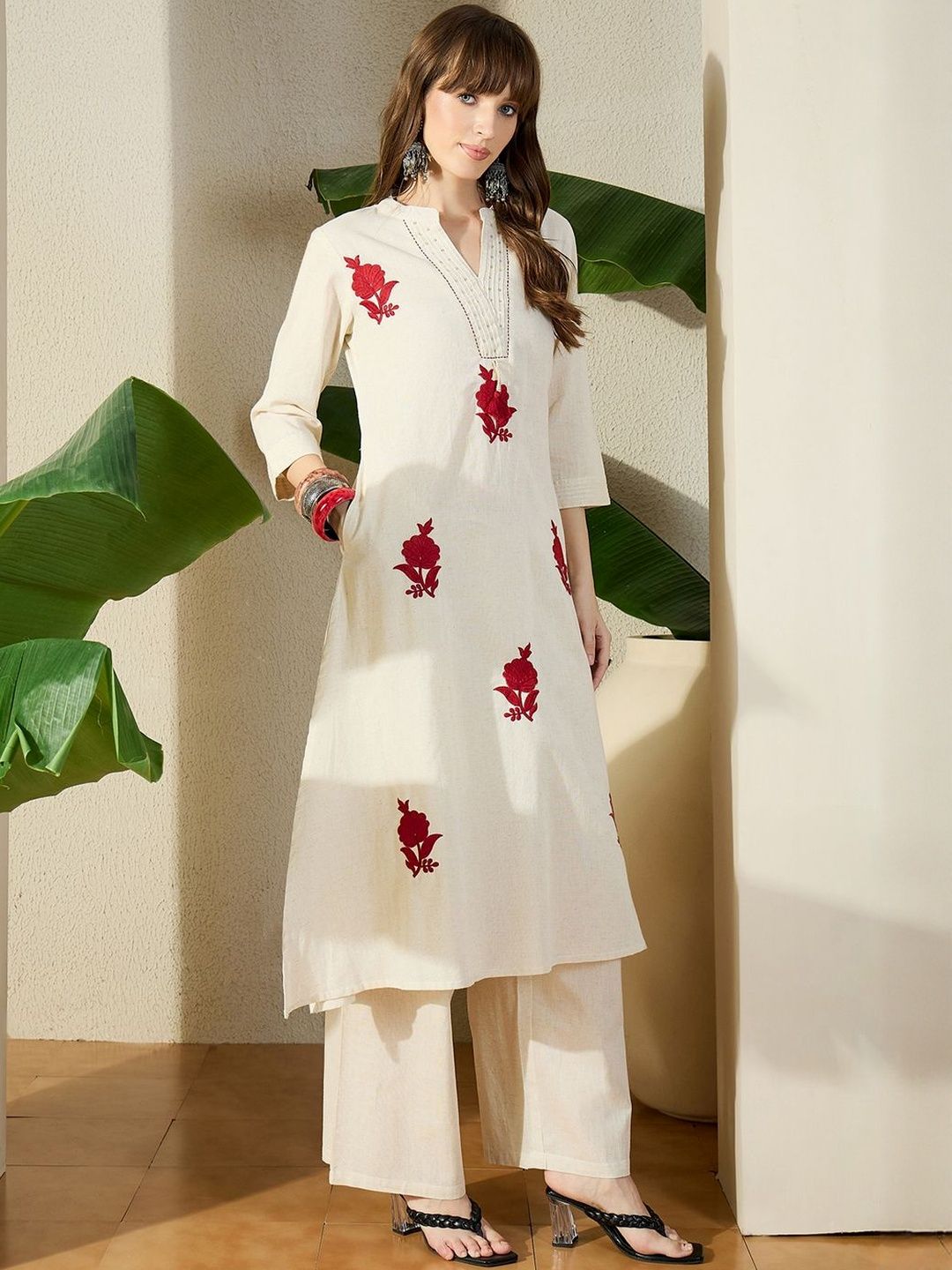 Women Pure Cotton Floral Embroidered Thread Work Pure Cotton Kurta with Palazzos