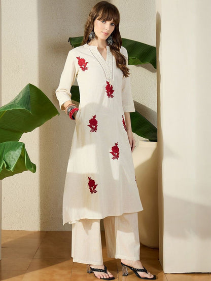Women Pure Cotton Floral Embroidered Thread Work Pure Cotton Kurta with Palazzos