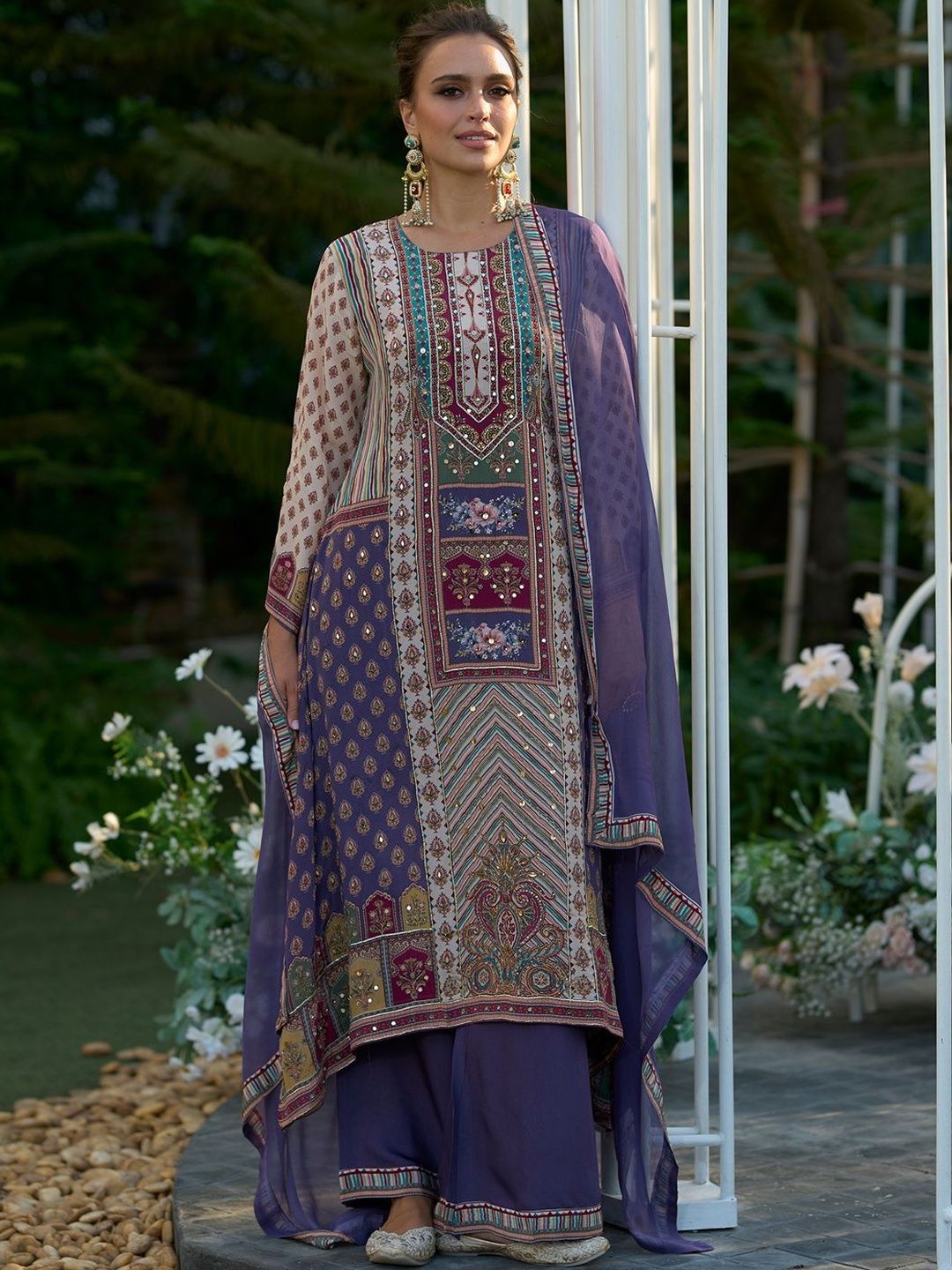 Dhiyona IE Women Ethnic Motifs Printed Sequinned A-Line Kurta with Palazzos & Dupatta