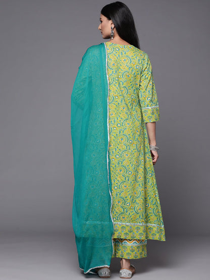 Dhiyona VA Women's Green Floral Printed High Slit Mirror Work Pure Cotton Kurta with Palazzos & With Dupatta