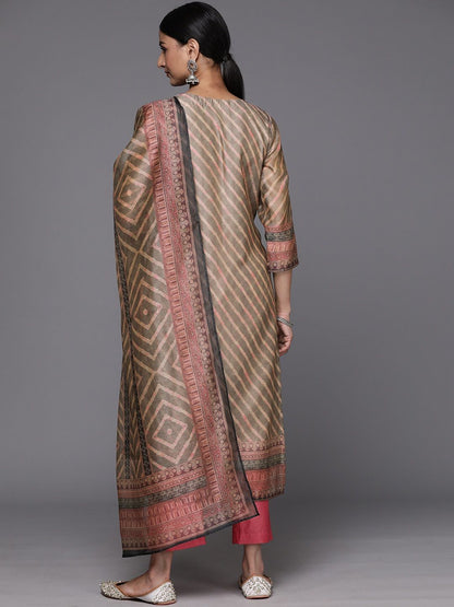 Dhiyona VA Women's Leheriya Striped Regular Kurta with Trousers & Dupatta