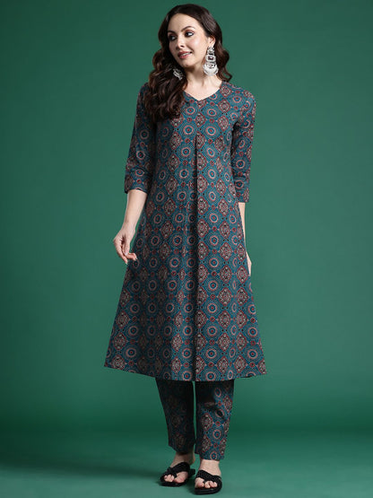Dhiyona IE Ethnic Motifs Printed Pure Cotton Kurta with Trousers