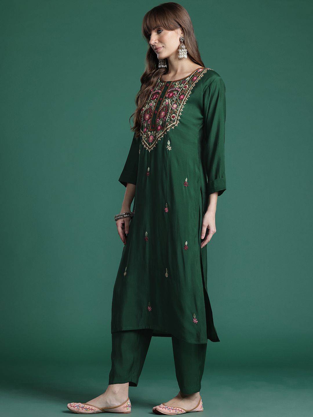 Floral Embroidered Thread Work Kurta with Trousers & With Dupatta