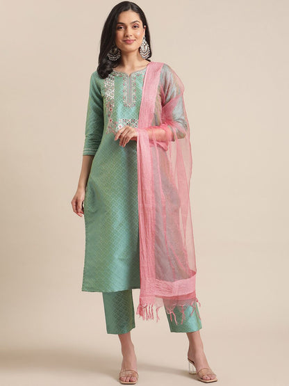 Dhiyona VA Women's Floral Embroidered Thread Work Kurta with Trousers & With Dupatta