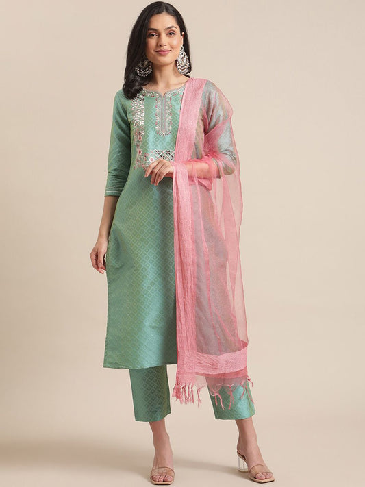 Dhiyona VA Women's Floral Embroidered Thread Work Kurta with Trousers & With Dupatta