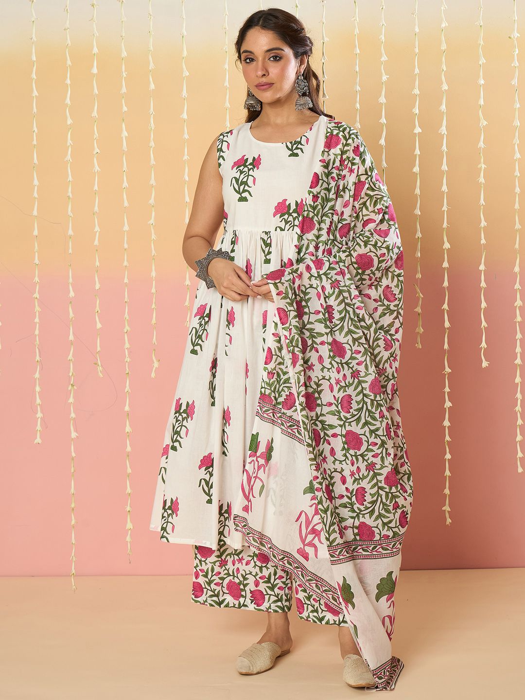 Floral Printed Anarkali Pure Cotton Kurta With Palazzos & Dupatta
