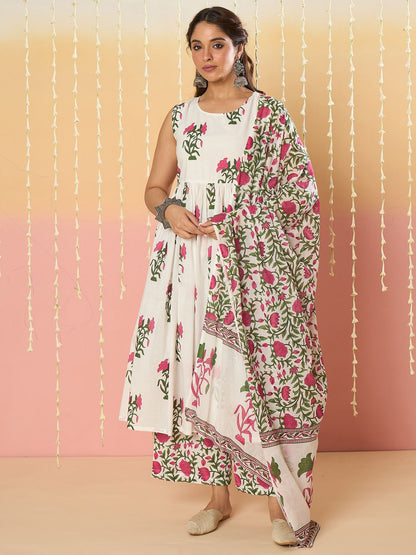 Floral Printed Anarkali Pure Cotton Kurta With Palazzos & Dupatta