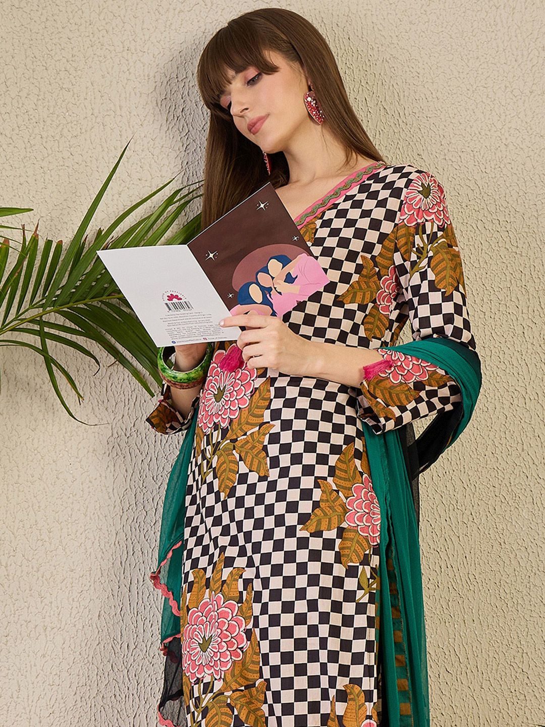 Dhiyona IE Adults-Women Checked Cotton Kurta with Trousers & Dupatta