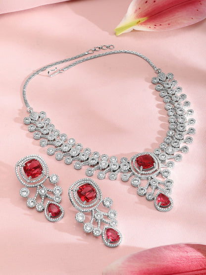 Dhiyona RJ Women's Silver-Plated Ruby Red & White Cubic Zirconia Studded Premium Jewellery Se