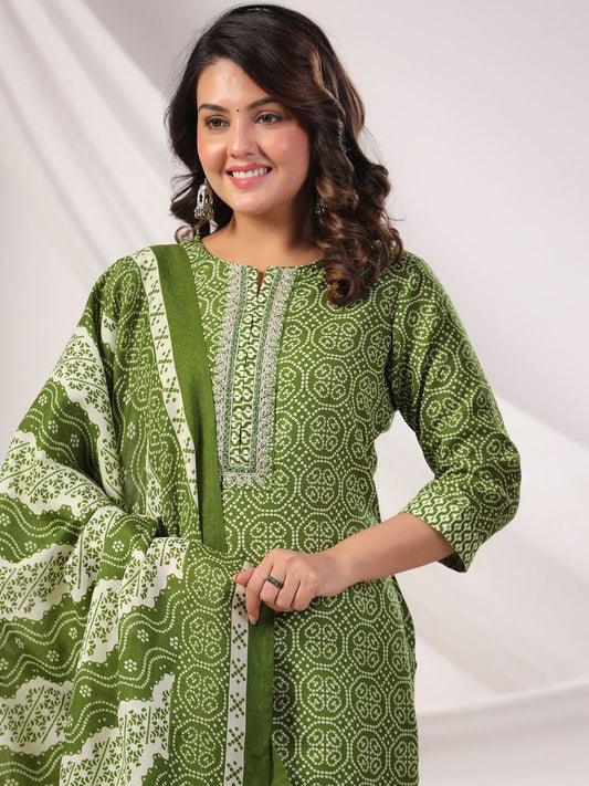 Women Bandhani Printed Regular Pure Cotton Kurta with Trousers & Dupatta