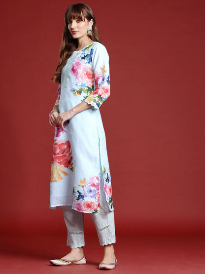 Dhiyona IE Floral Printed Mirror Work Linen Kurta With Trousers & Dupatta