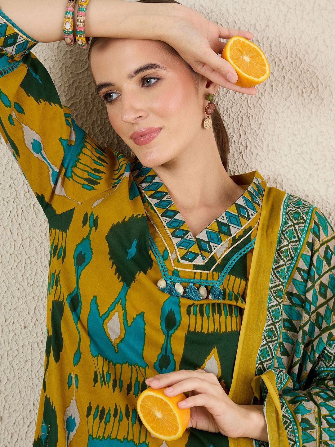 Dhiyona IE Women Abstract Printed Cotton Kurta with Trousers & Dupatta