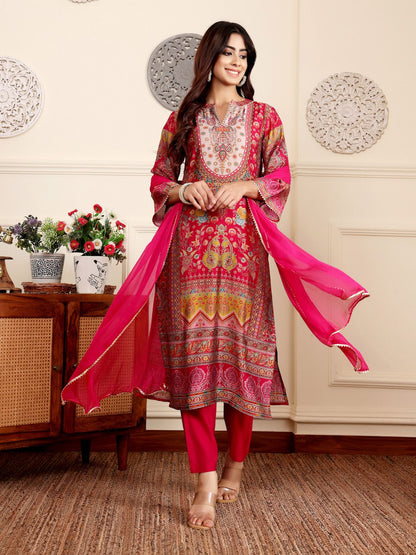 Dhiyona VA Women'sEthnic Motifs Printed Gotta Patti Chanderi Silk Kurta With Trousers And Dupatta